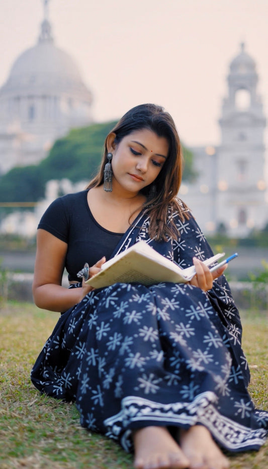 A Sky Full Of Wonders - Blue Handblock Print Natural Dyed - Mulmul Cotton Saree
