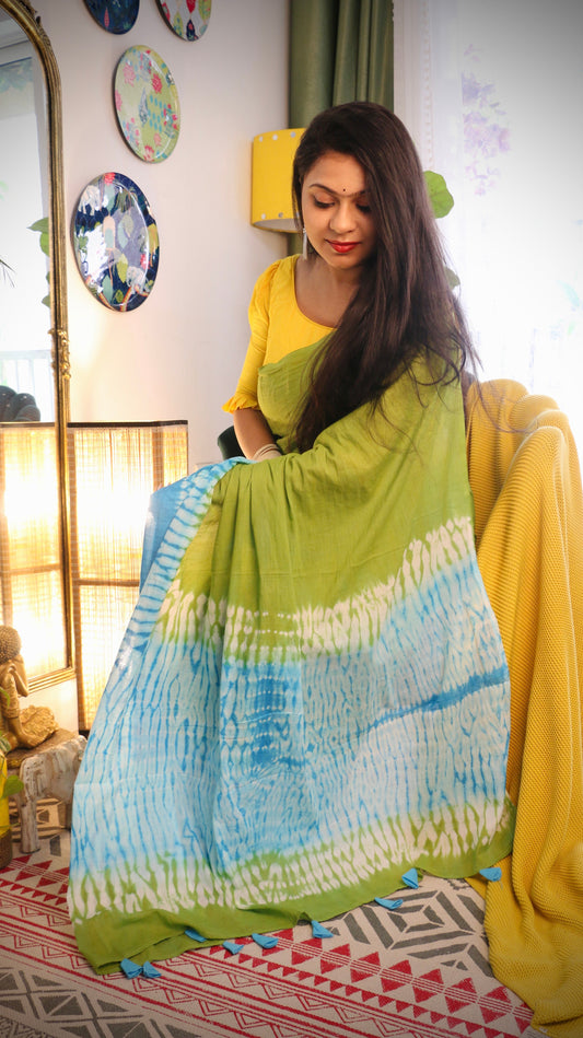 Firozi- Green Tie & Dye Shibori Print Natural Dyed - Mulmul Cotton Saree