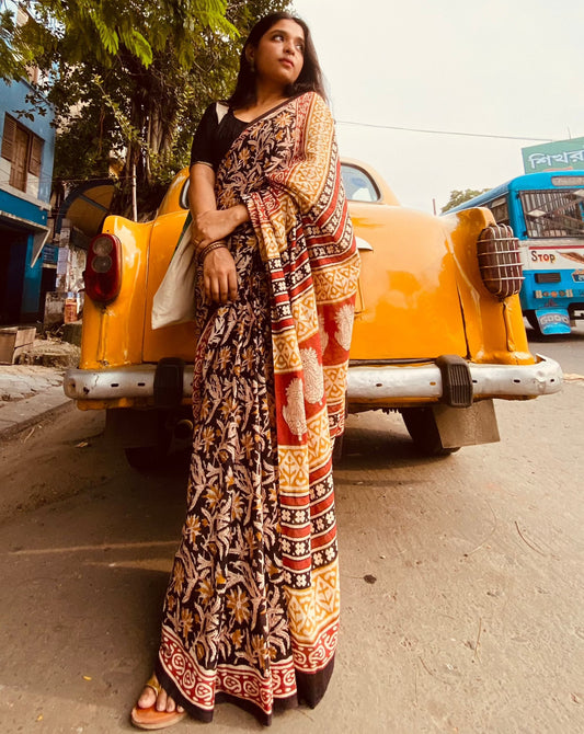 Kalbeliya -  Black Bagru Natural Dyes Handblock Printed - Cotton Mulmul Saree