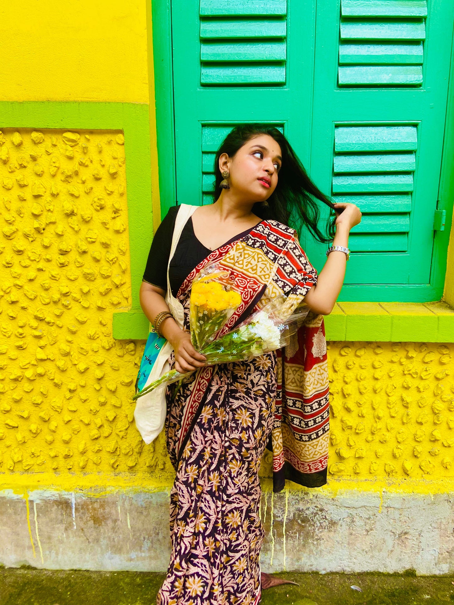 Kalbeliya - Black Bagru Natural Dyes Handblock Printed - Cotton Mulmul Saree