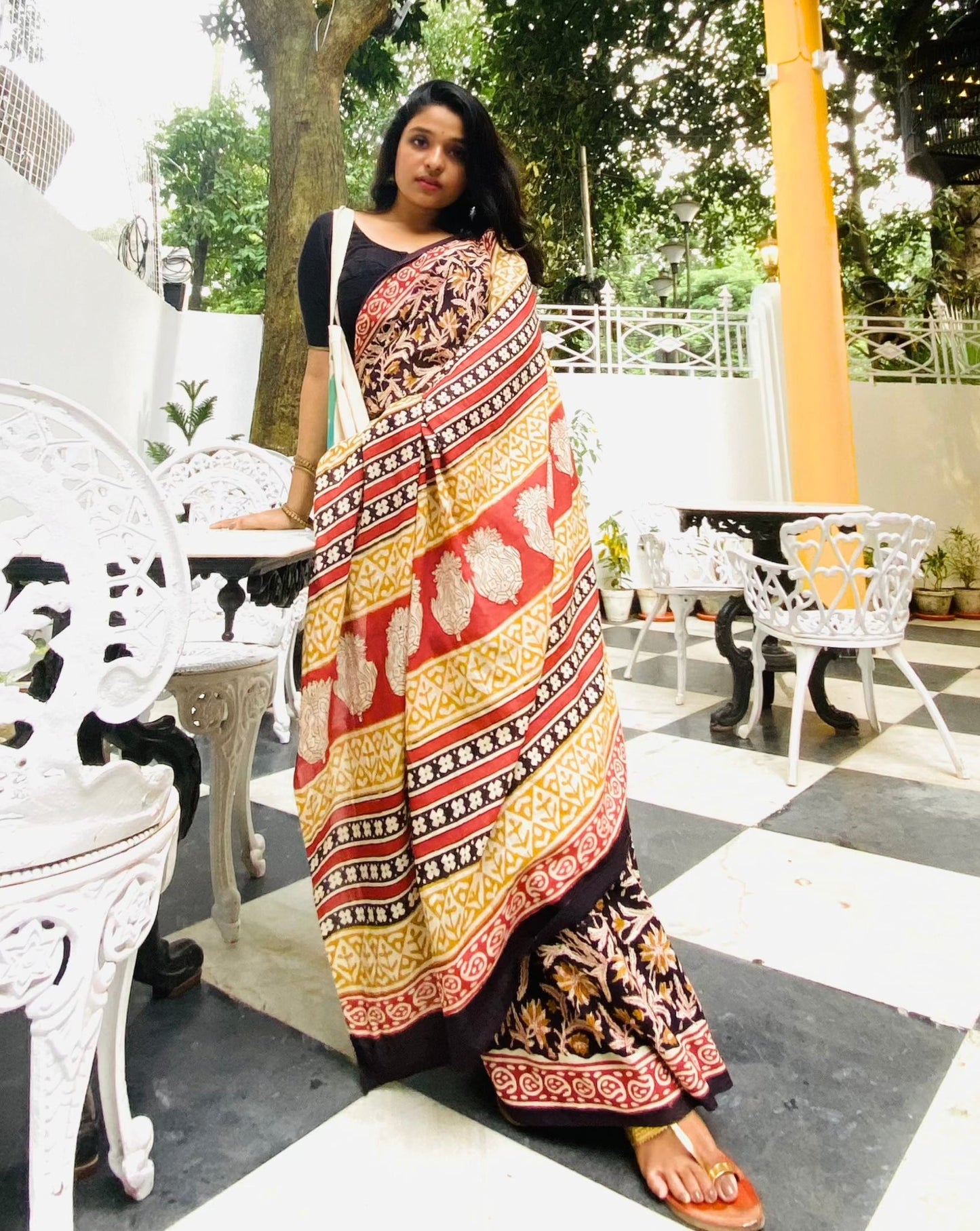 Kalbeliya -  Black Bagru Natural Dyes Handblock Printed - Cotton Mulmul Saree