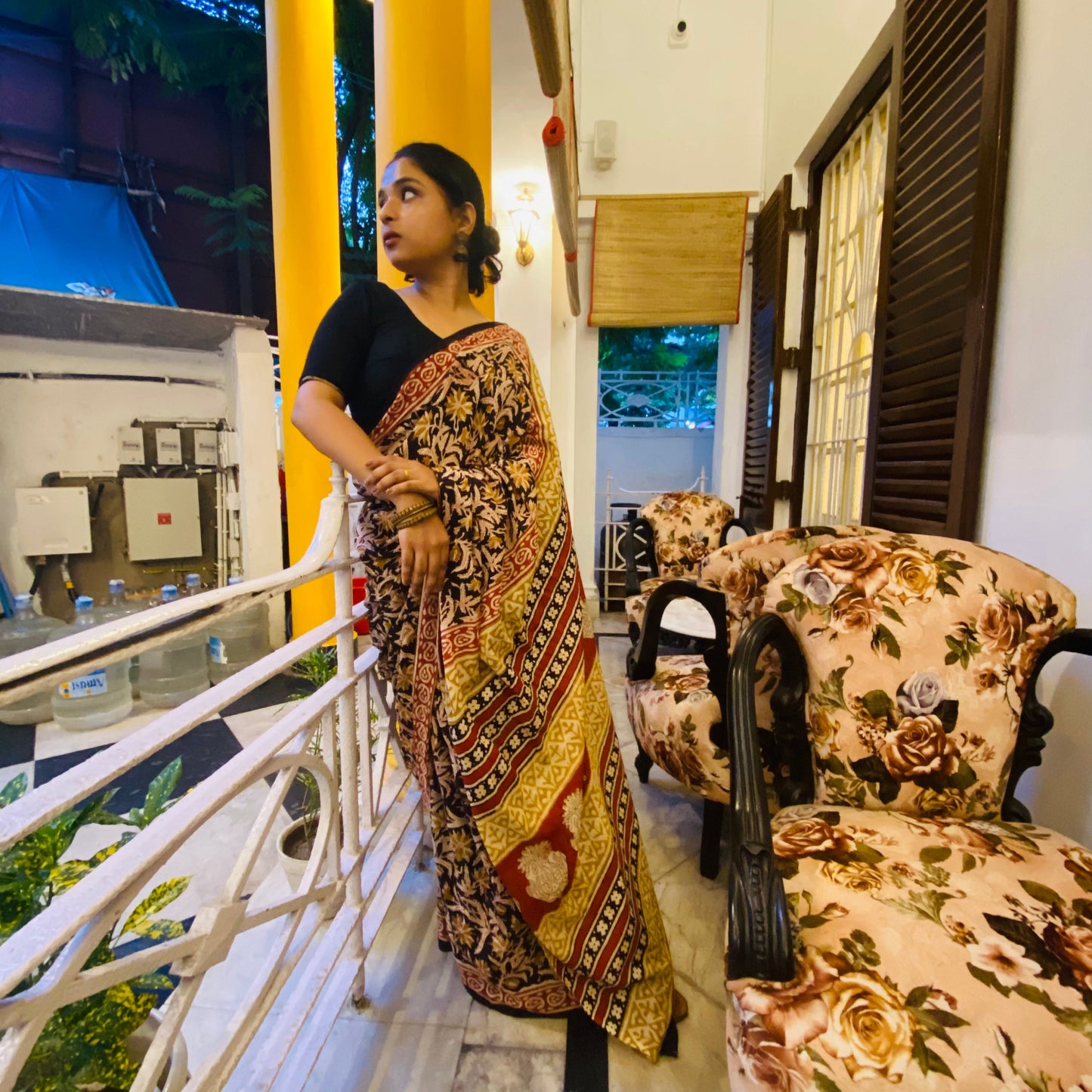 Kalbeliya -  Black Bagru Natural Dyes Handblock Printed - Cotton Mulmul Saree