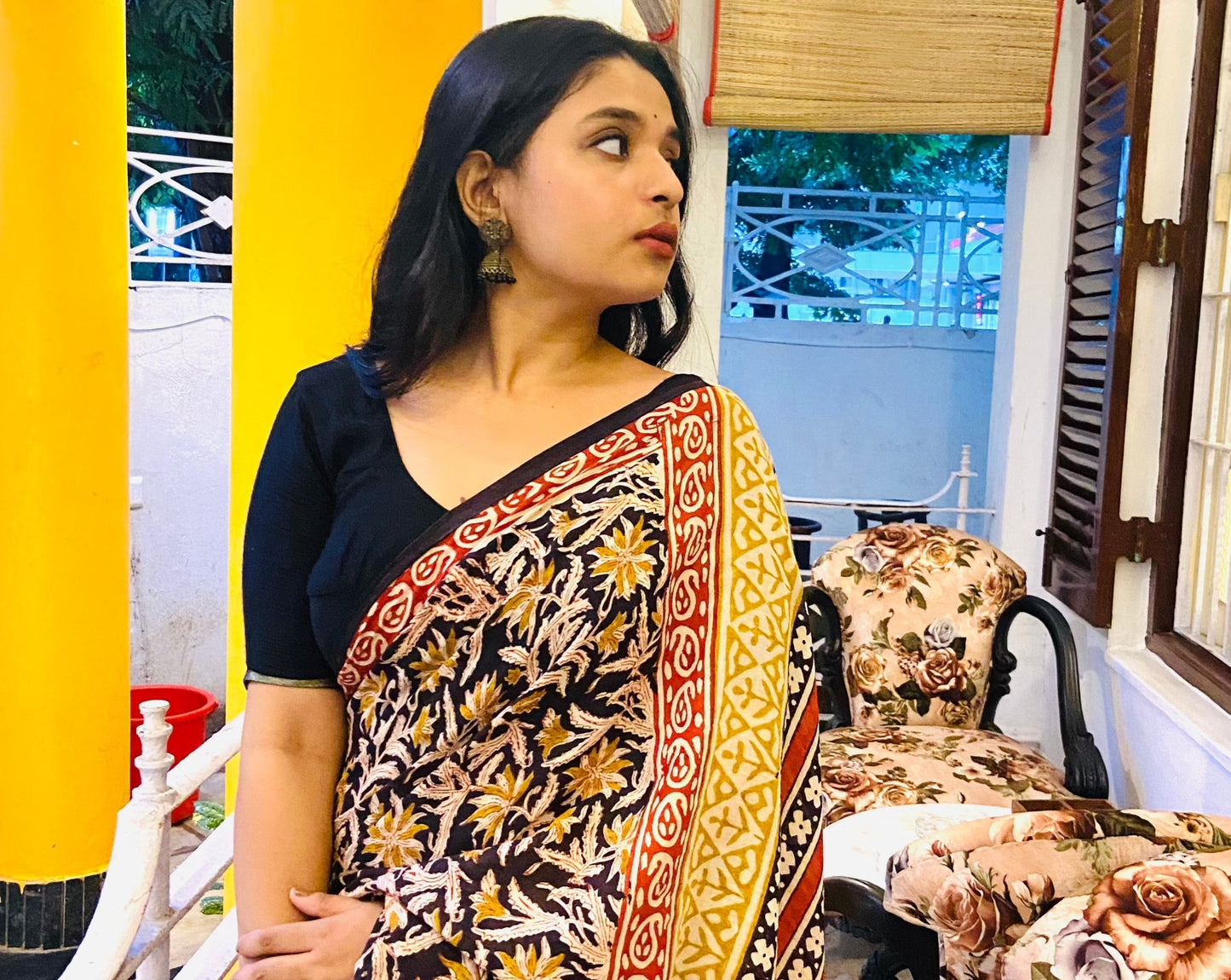 Kalbeliya -  Black Bagru Natural Dyes Handblock Printed - Cotton Mulmul Saree