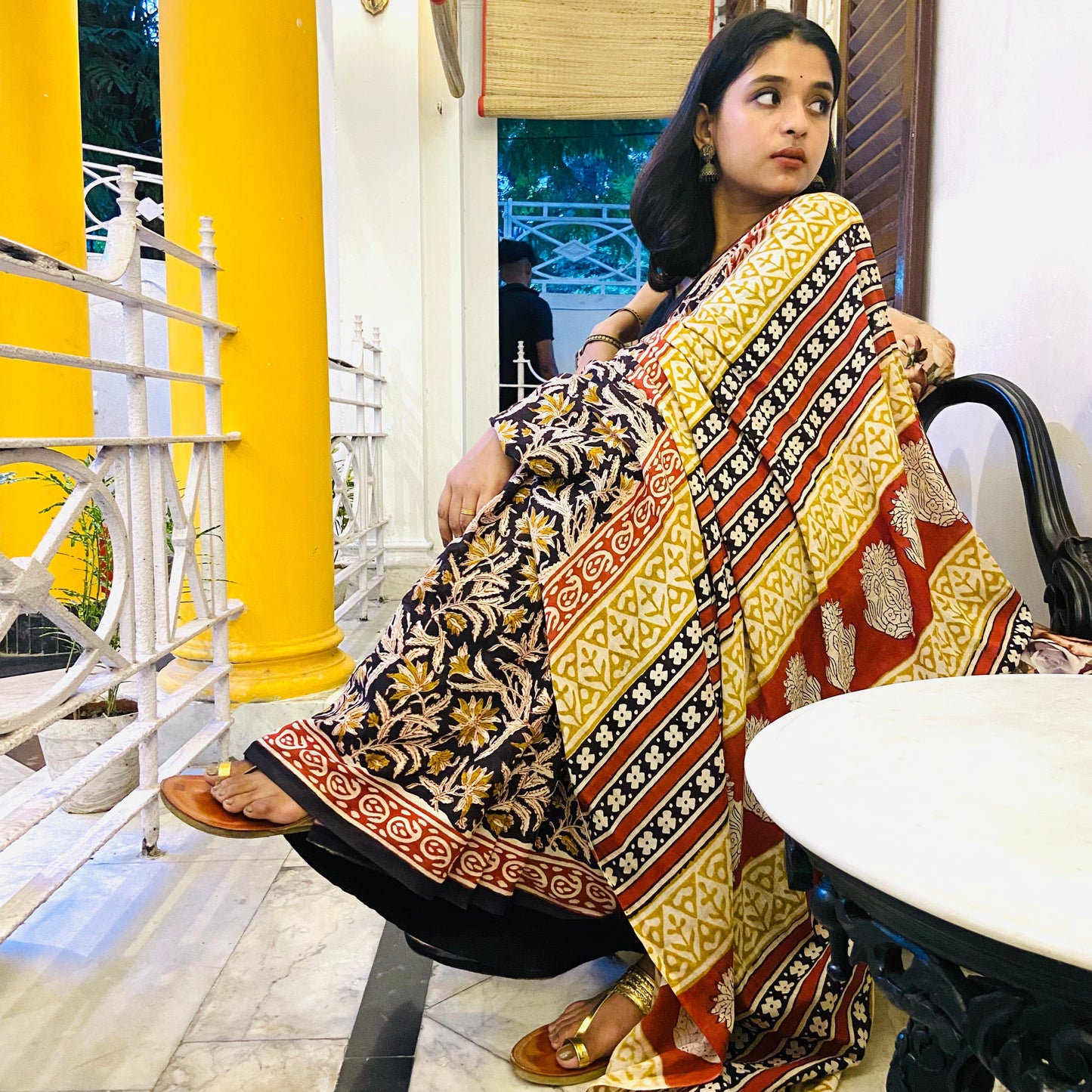 Kalbeliya - Black Bagru Natural Dyes Handblock Printed - Cotton Mulmul Saree