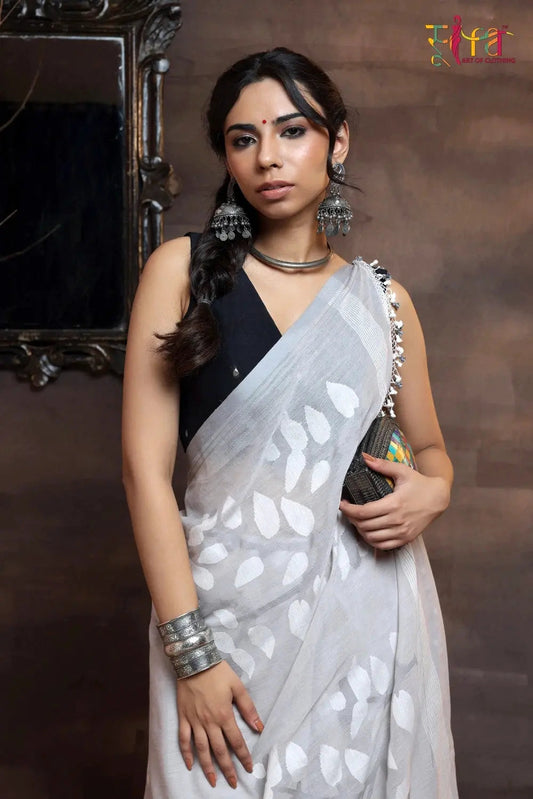 Handloom Grey Soft Cotton Jamdani Saree