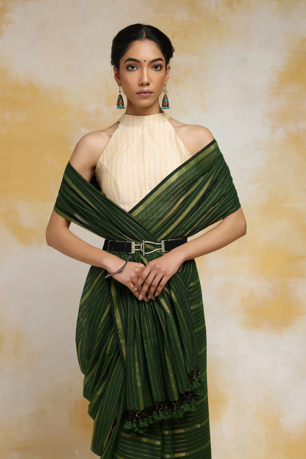 Handloom Mulmul Cotton Dark Green Saree With Zari Stripes & Tassels