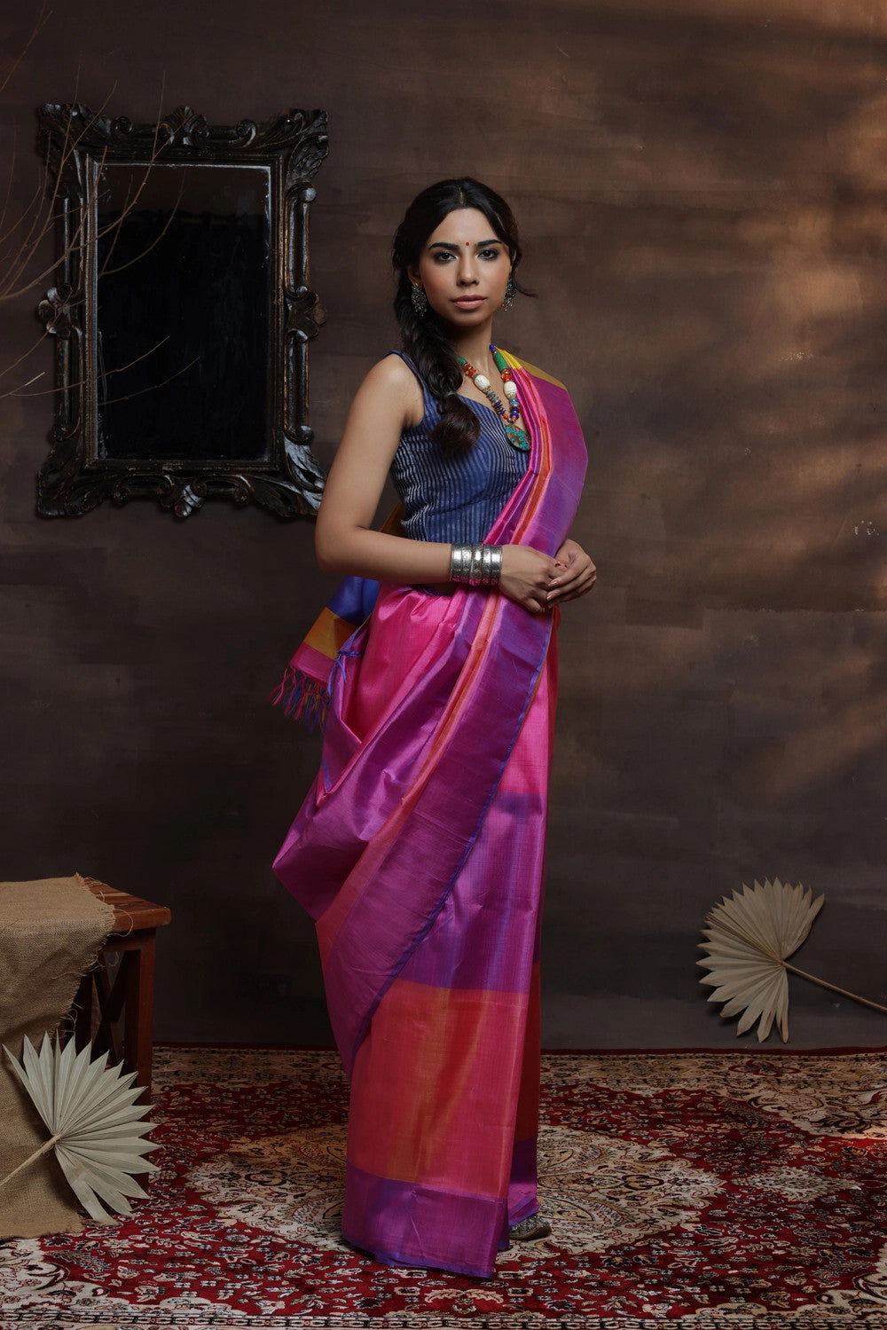 Handloom Pink Pure Silk Saree With Multi Colour Pallu