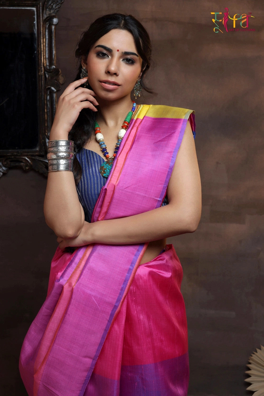 Handloom Pink Pure Silk Saree With Multi Colour Pallu