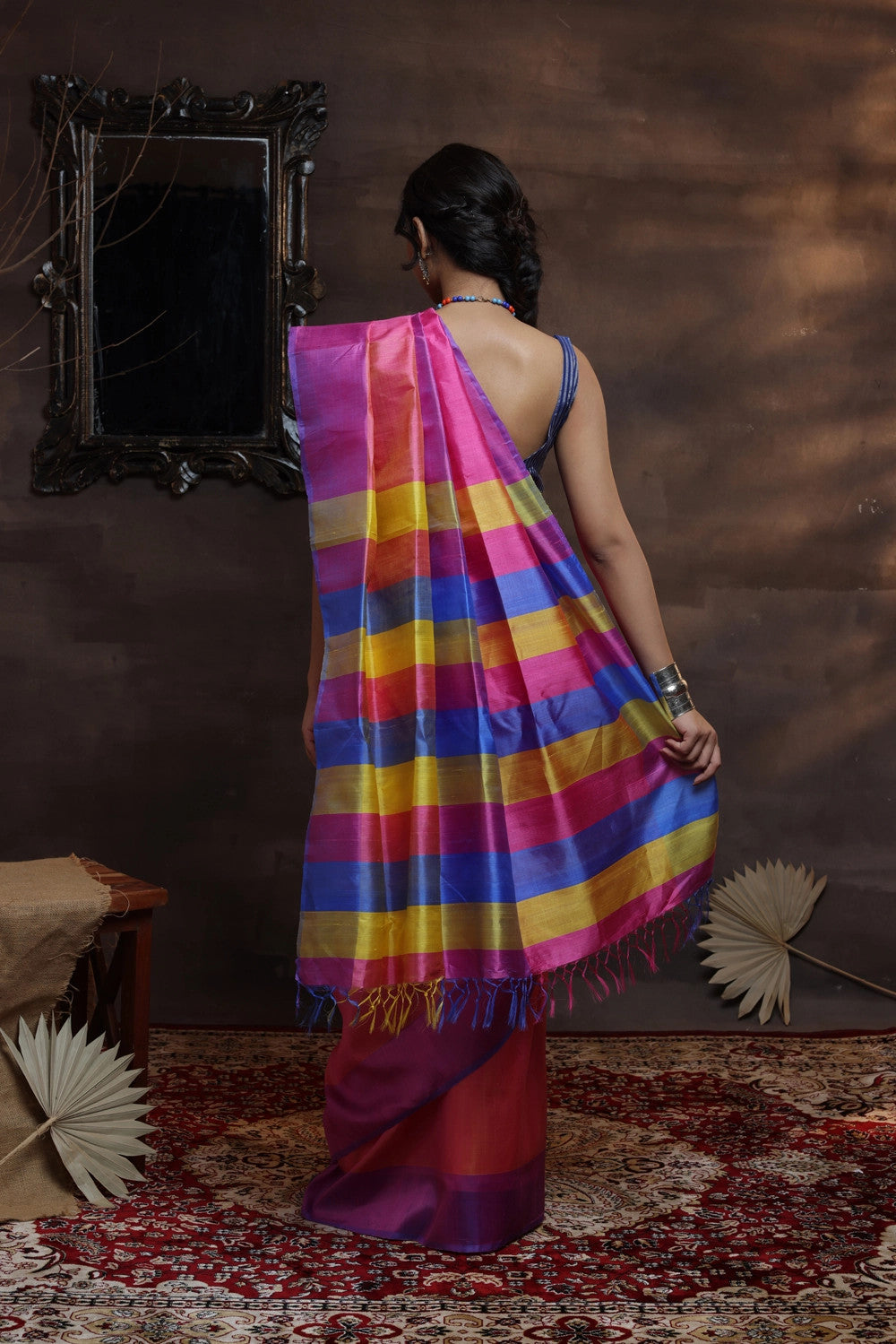 Handloom Pink Pure Silk Saree With Multi Colour Pallu