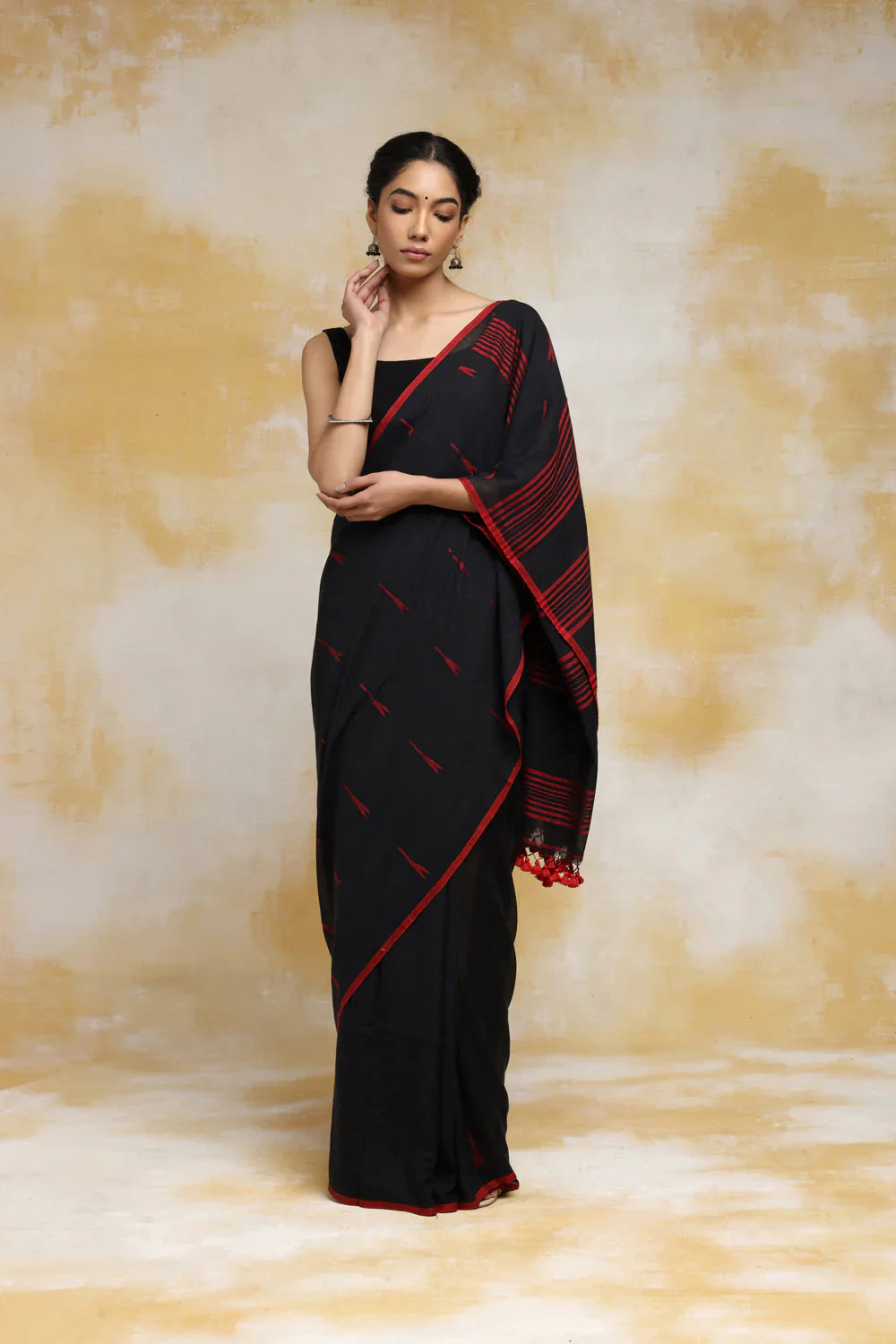 Handloom Black Booti Mulmul Cotton Saree With Red Tassels
