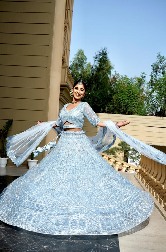 Ice Blue Soft Net Thread Embroidered Wedding Guest Lehenga