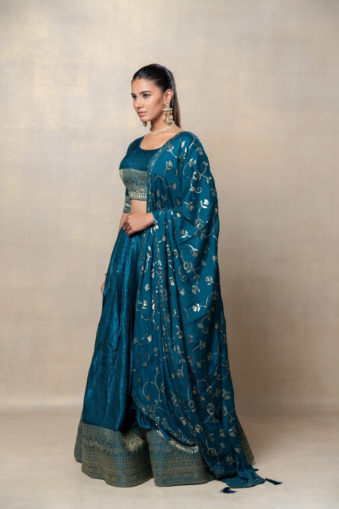 Teal blue soft silk sequinned lehenga set