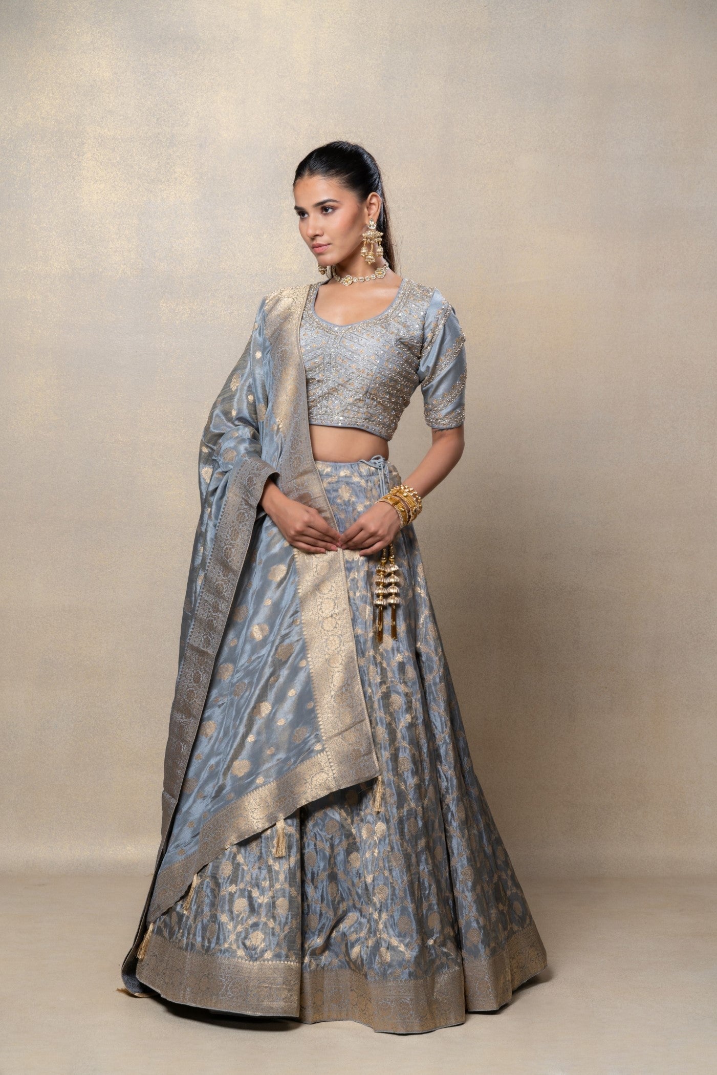 Metallic silver soft silk lehenga set