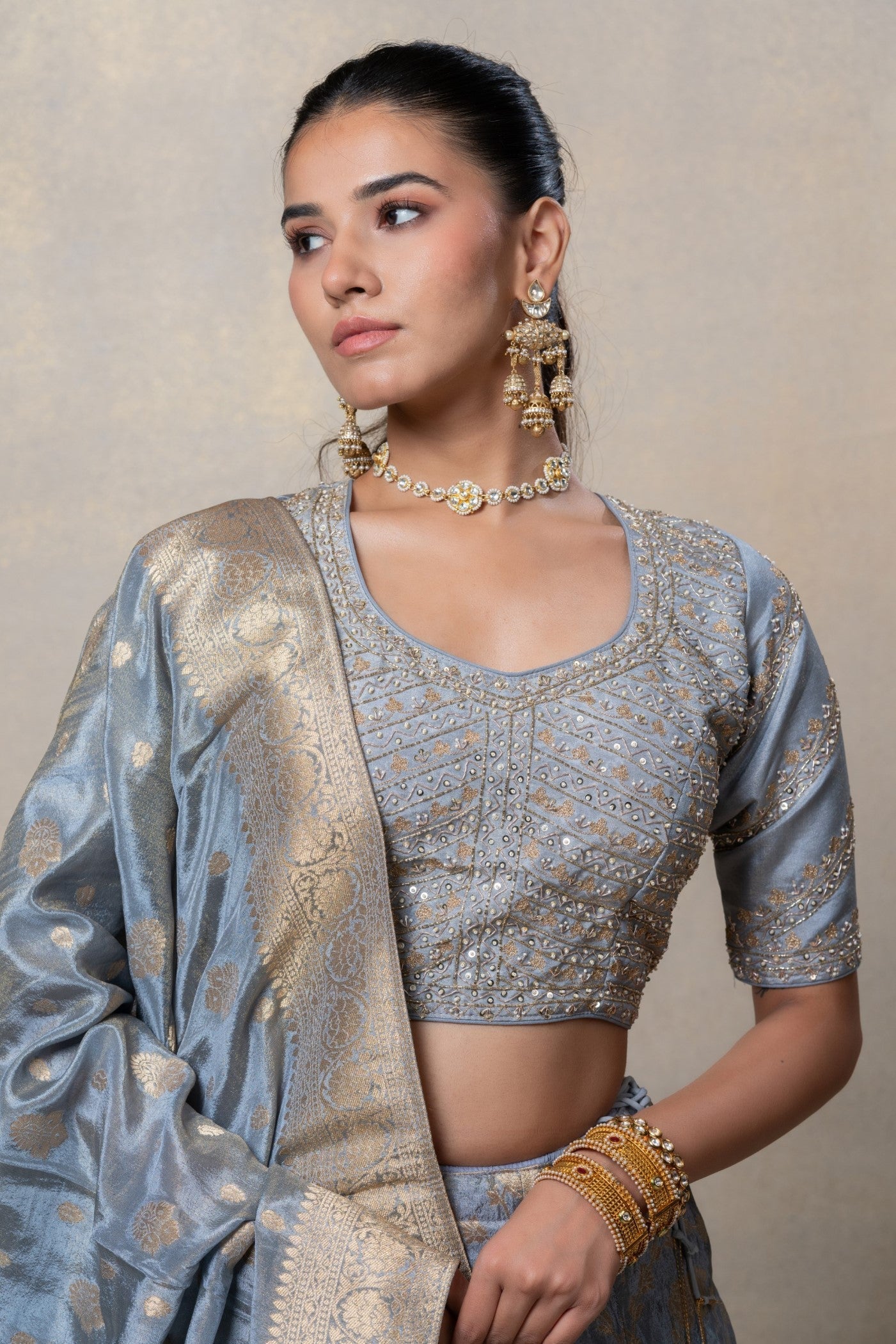 Metallic silver soft silk lehenga set