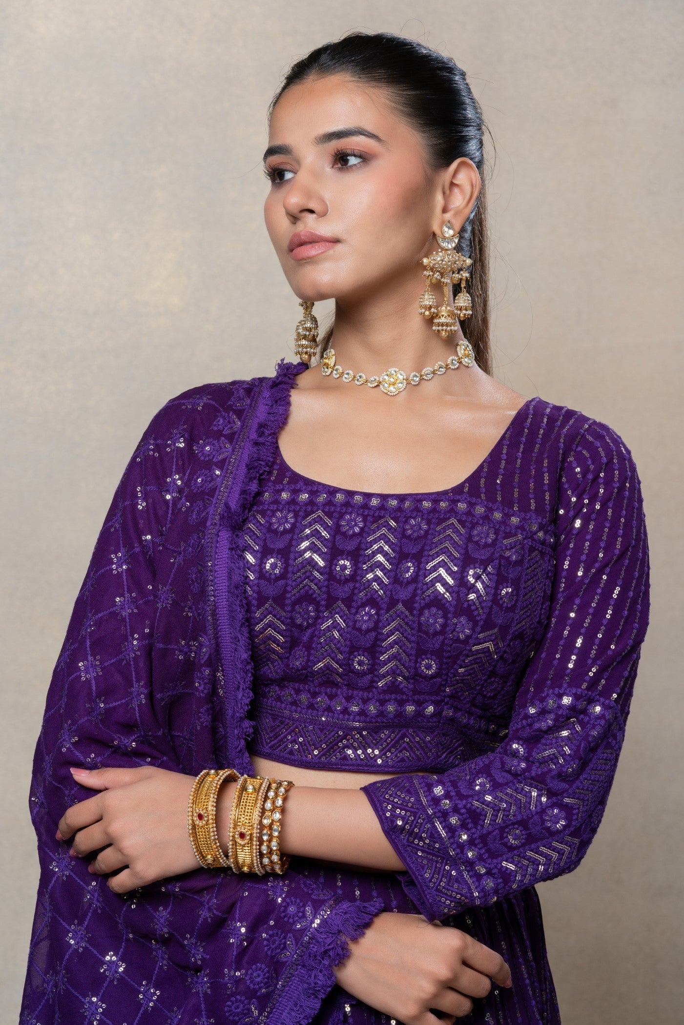 Indigo purple sequinned georgette silk lehenga set