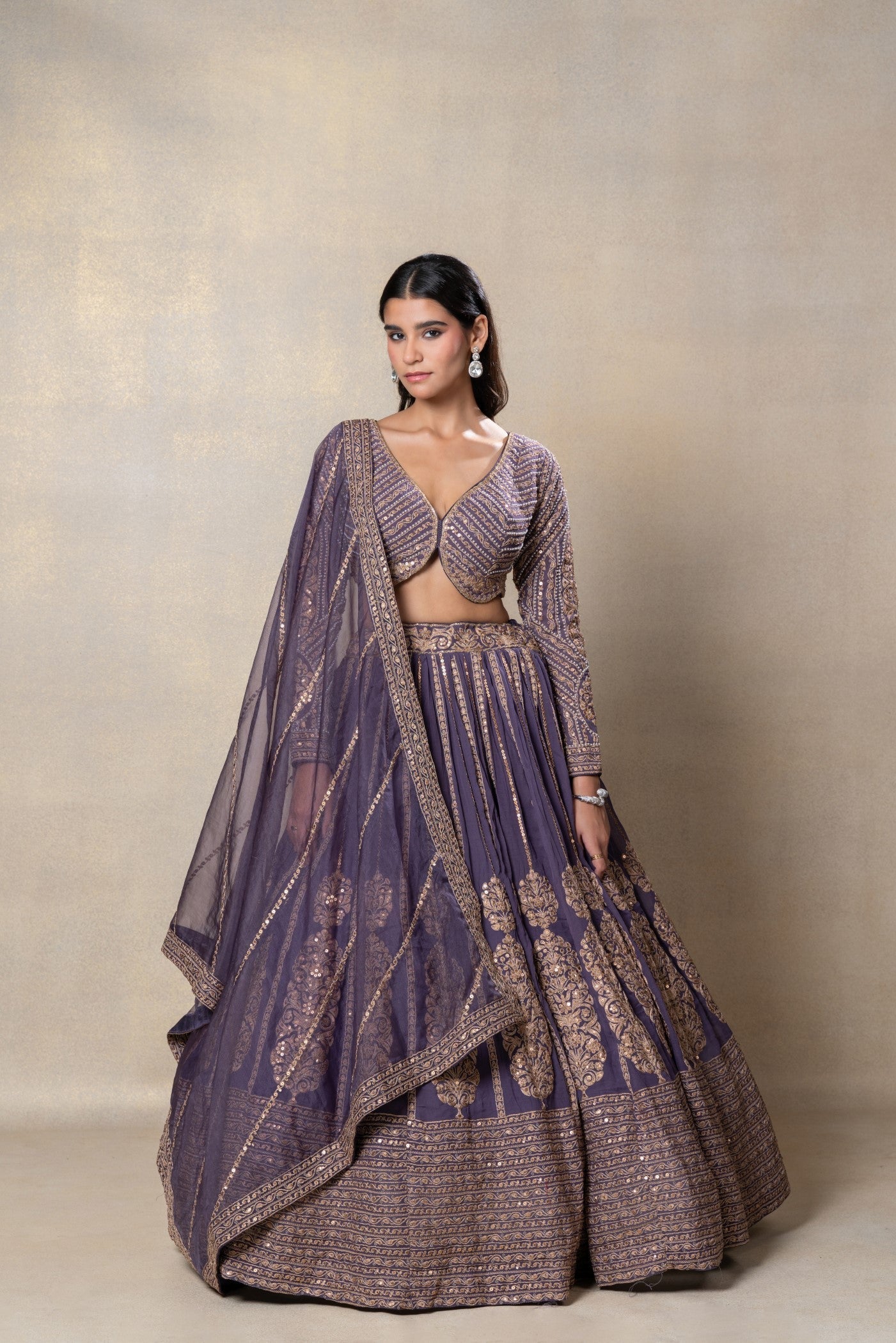 Iris purple heavily embellished georgette organza lehenga set