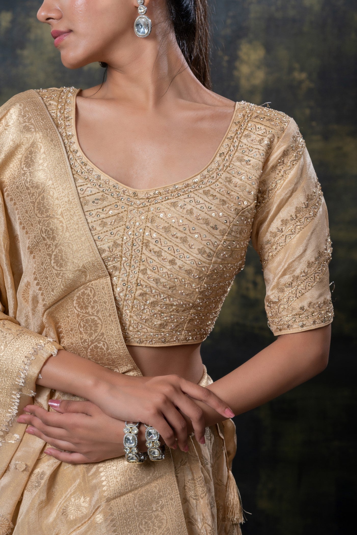 Golden banarasi soft silk lehenga set