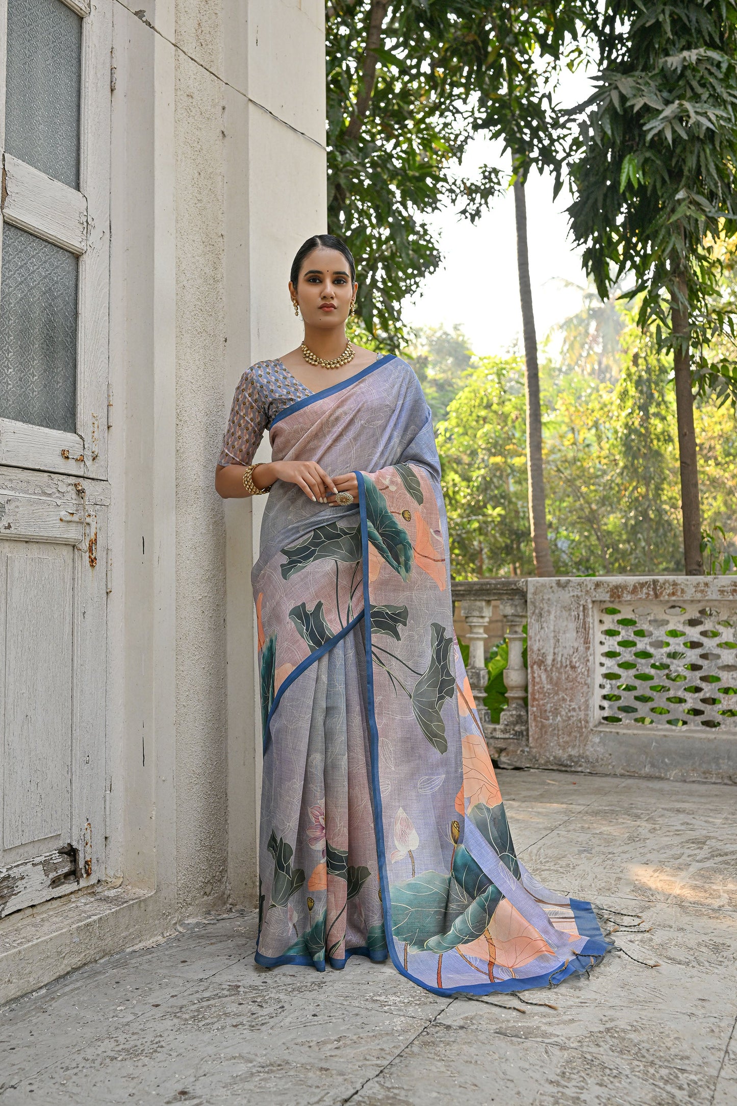 Jiyani Flower Blue Cotton Silk Floral printed Saree