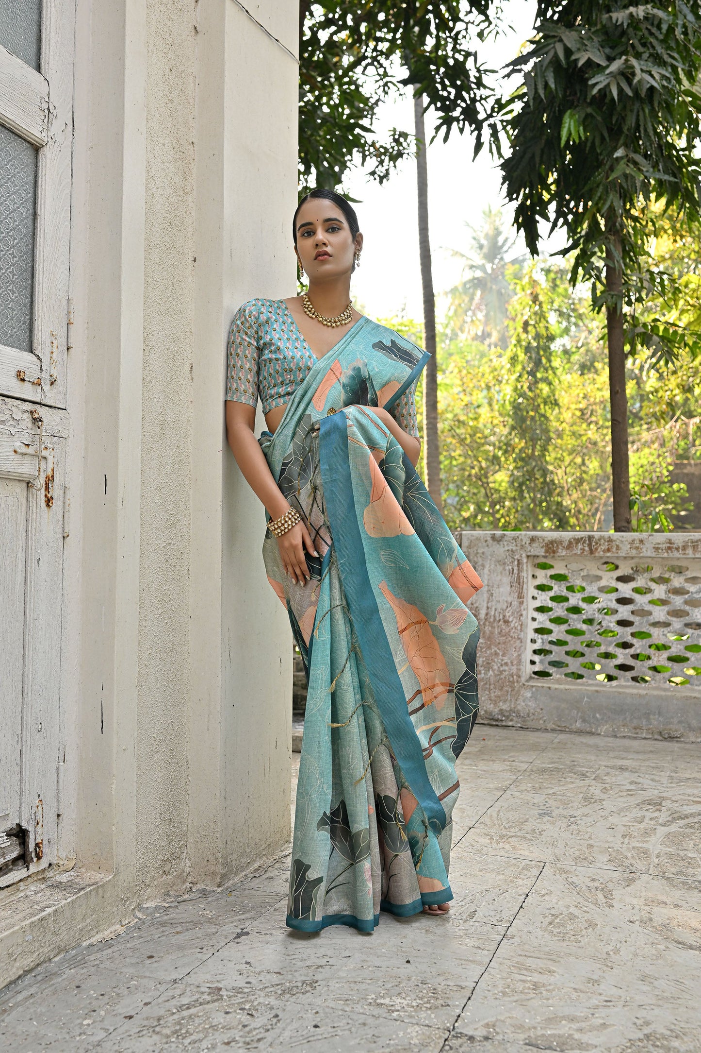 Jiyani Flower Firozi Cotton Silk Floral printed Saree