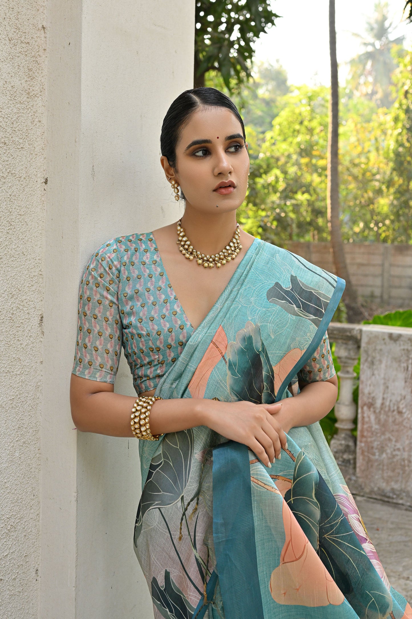 Jiyani Flower Firozi Cotton Silk Floral printed Saree