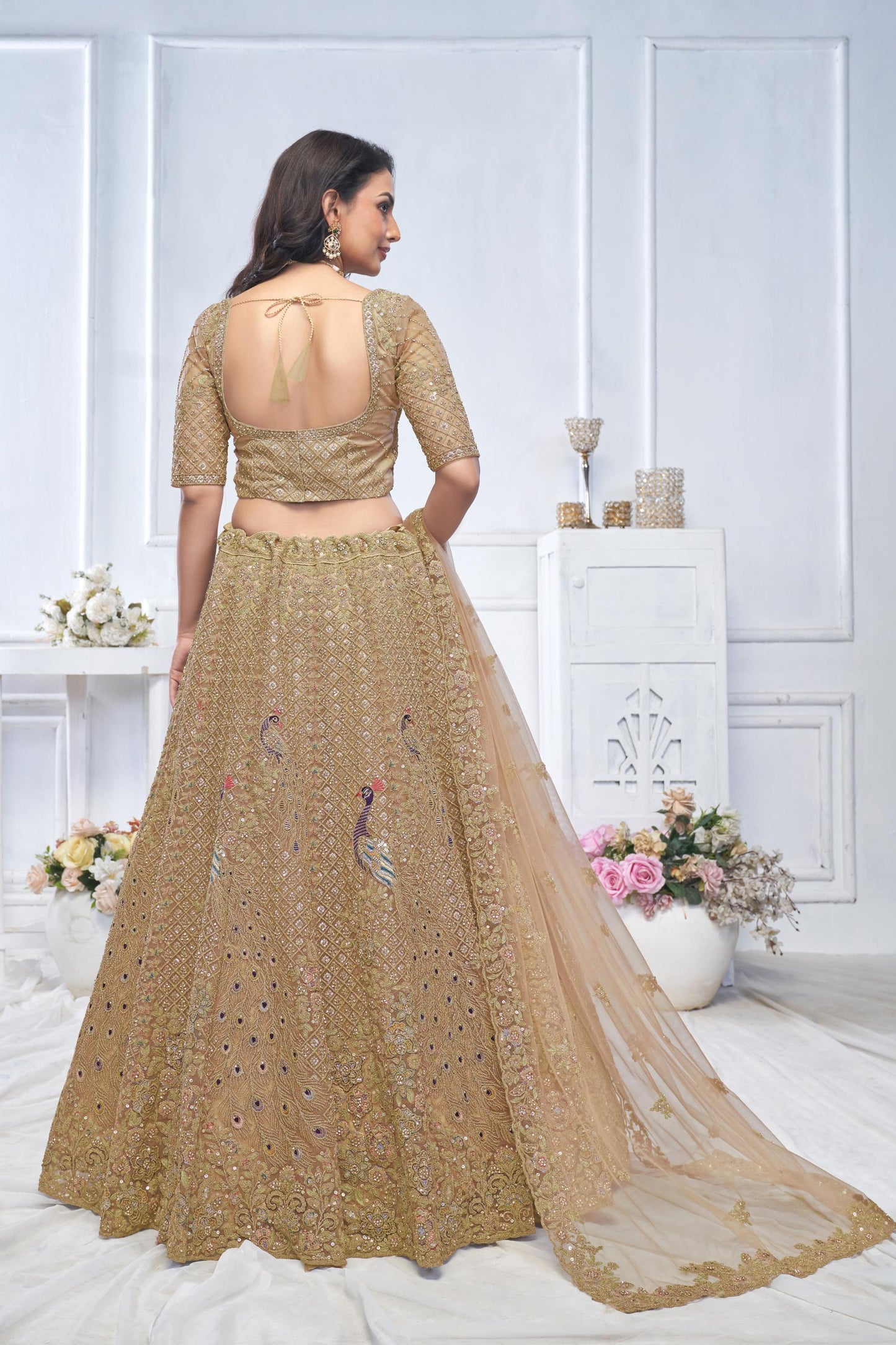 Brown Heavy Sequins & Zari Embroidered Soft Net Bridal Wear Lehenga
