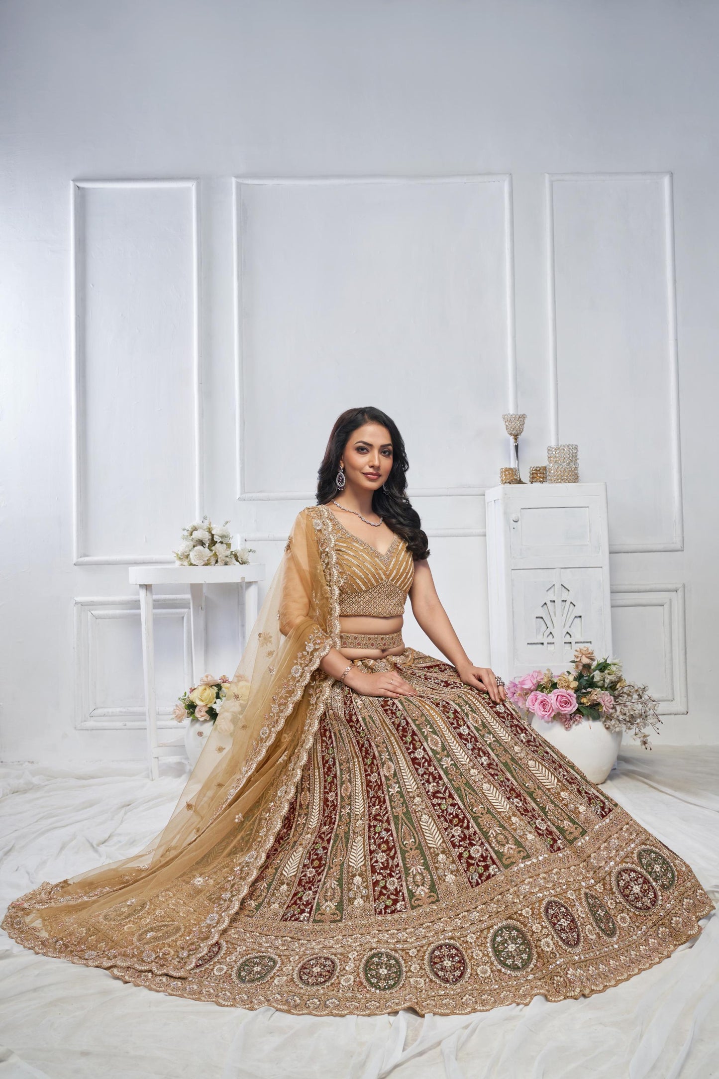 Majestic Gold Leaf Pattern Zari & Thread Embroidered Soft Net Bridal Lehenga