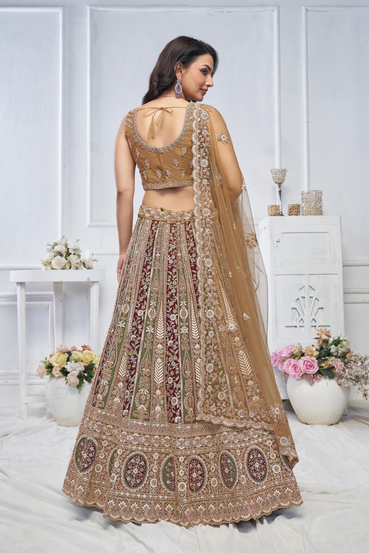 Majestic Gold Leaf Pattern Zari & Thread Embroidered Soft Net Bridal Lehenga