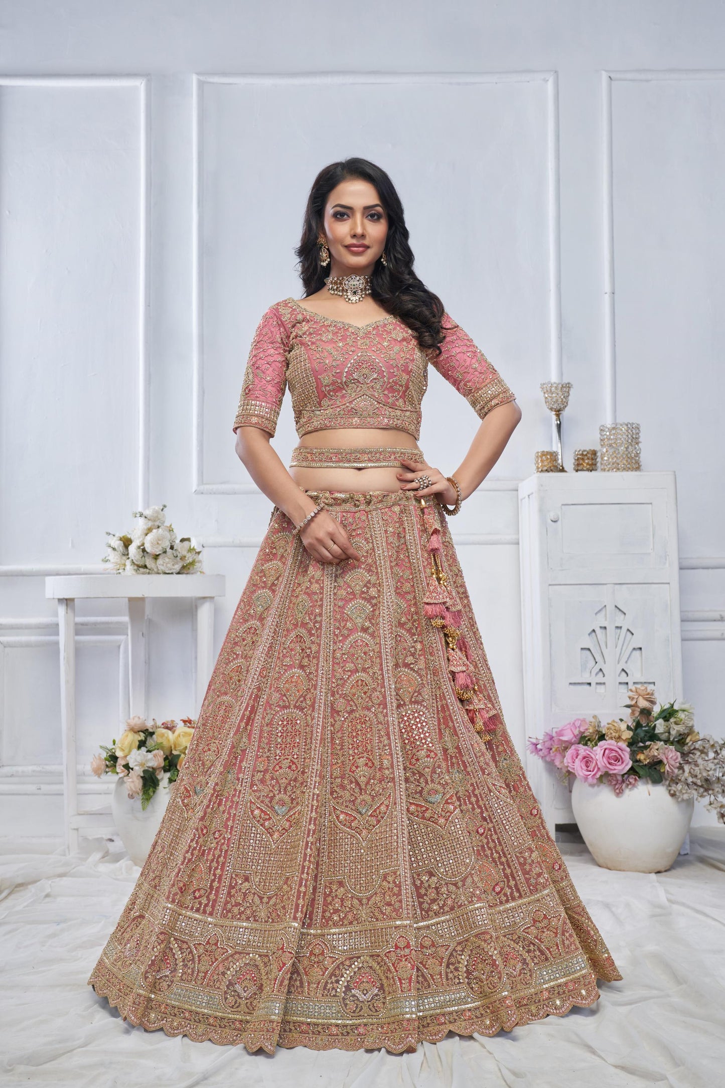 Onion Pink Motif Embroidered Soft Net Bridal lehenga