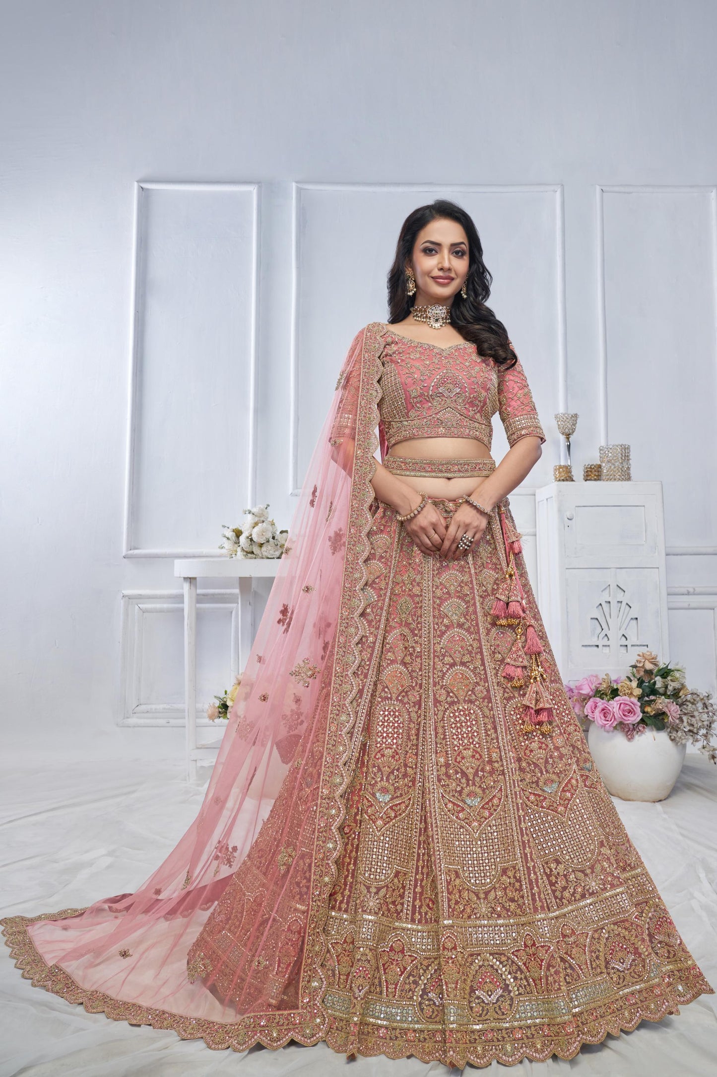 Onion Pink Motif Embroidered Soft Net Bridal lehenga
