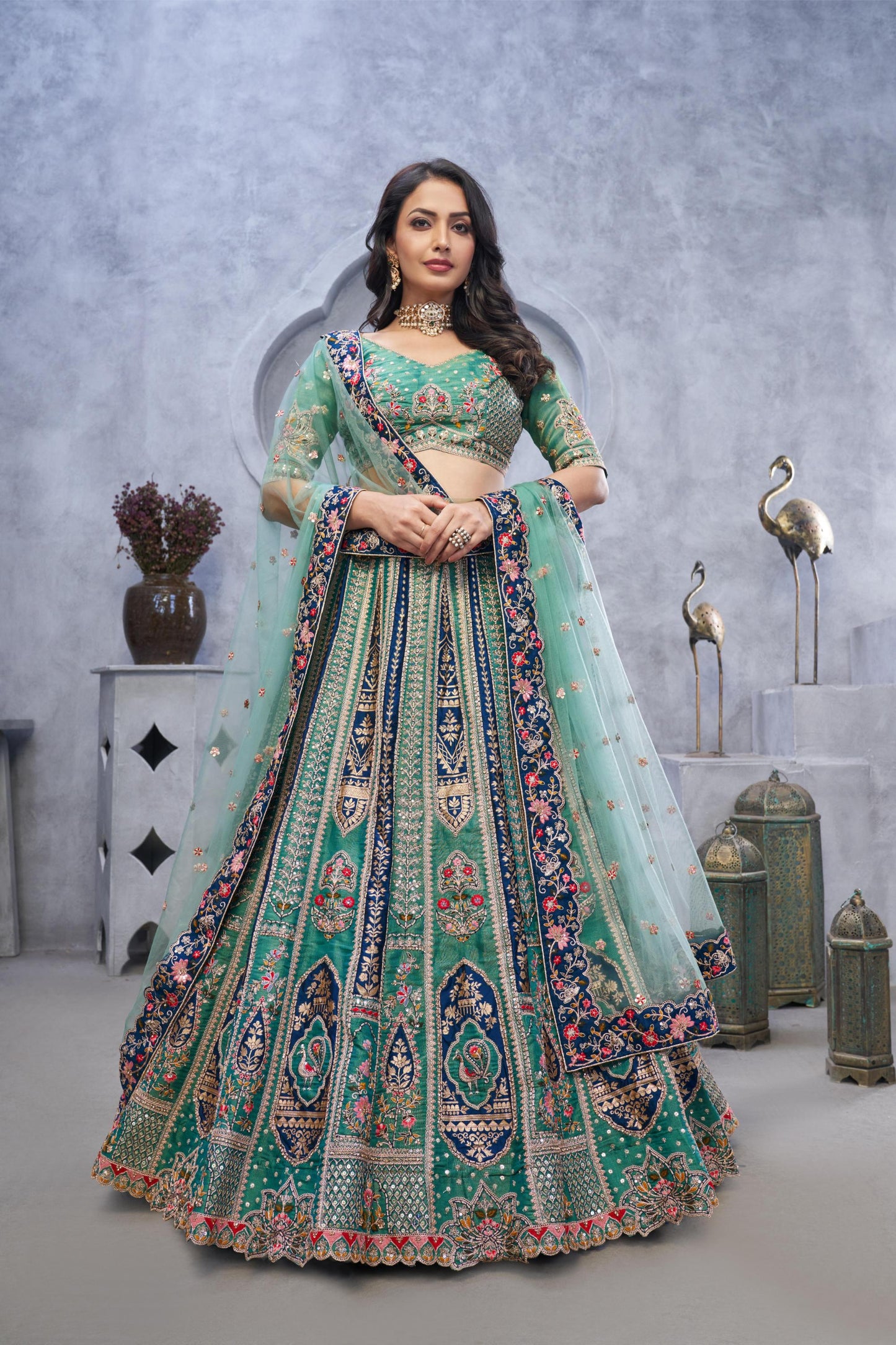 Green Organza Silk Intricate Paisley Motifs Embroidered Wedding Lehenga Choli