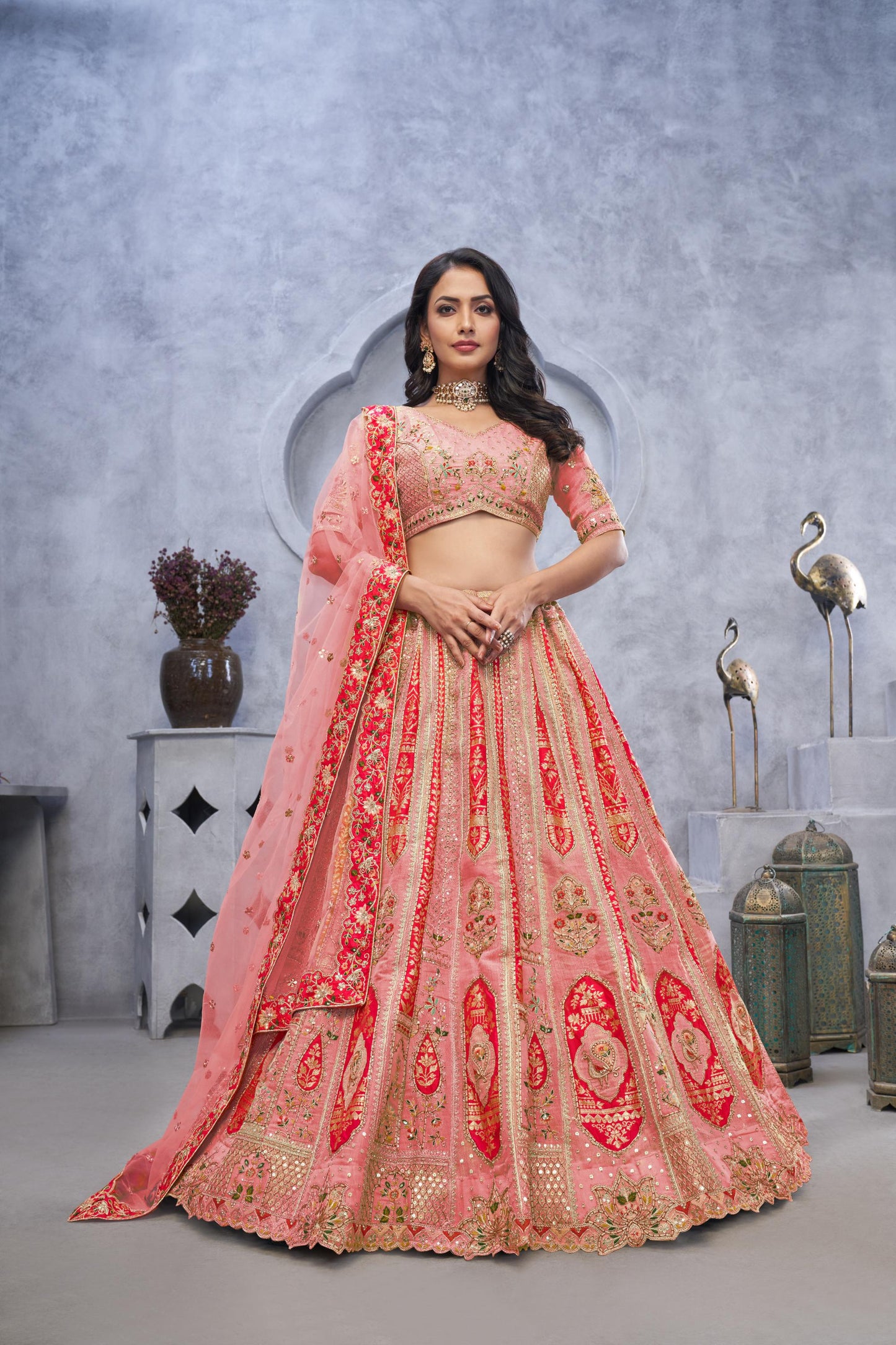 Pink Organza Silk Intricate Paisley Motifs Embroidered Wedding Lehenga Choli