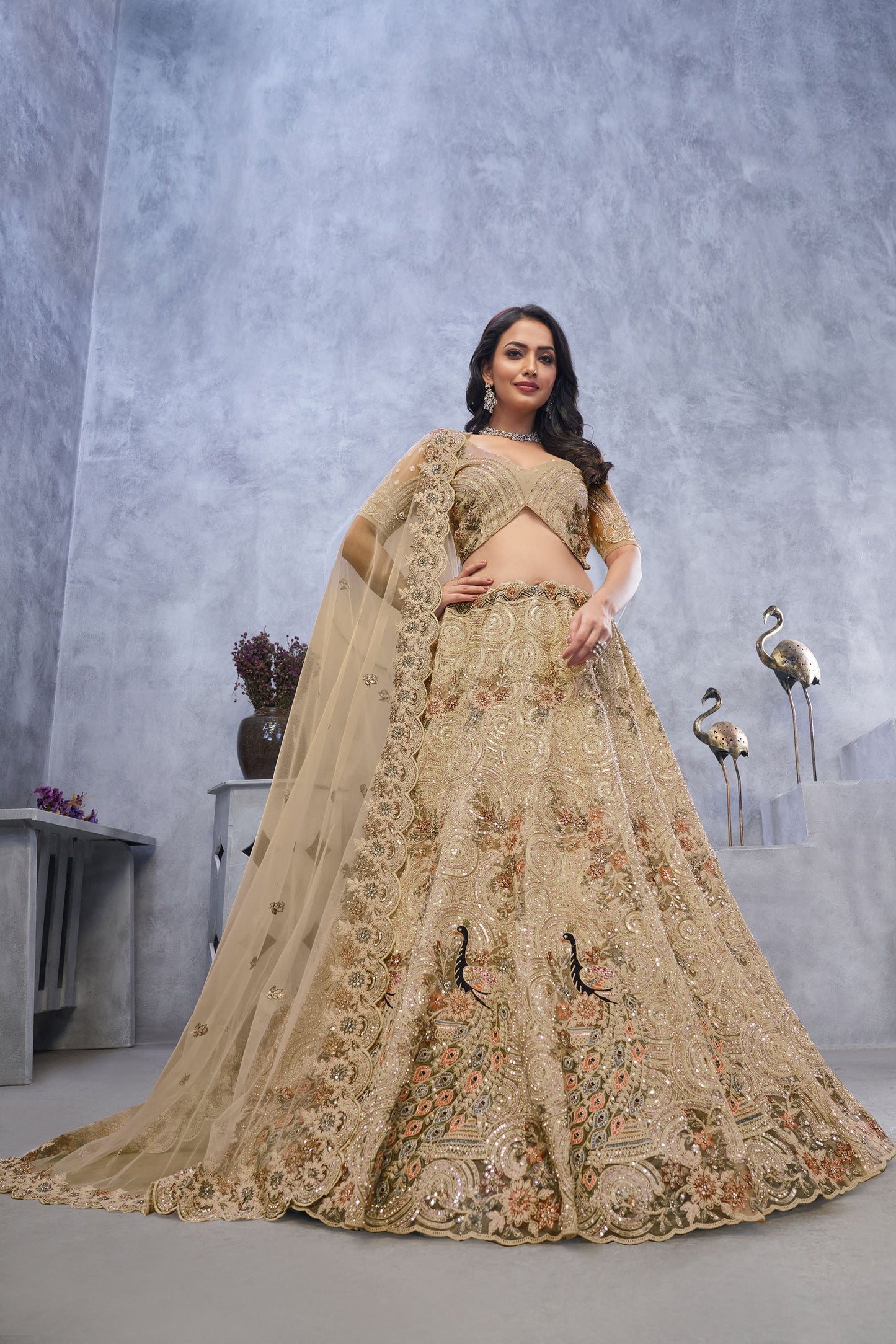 Golden Net Peacock & Bagh Sequins Embroidery Wedding Lehenga