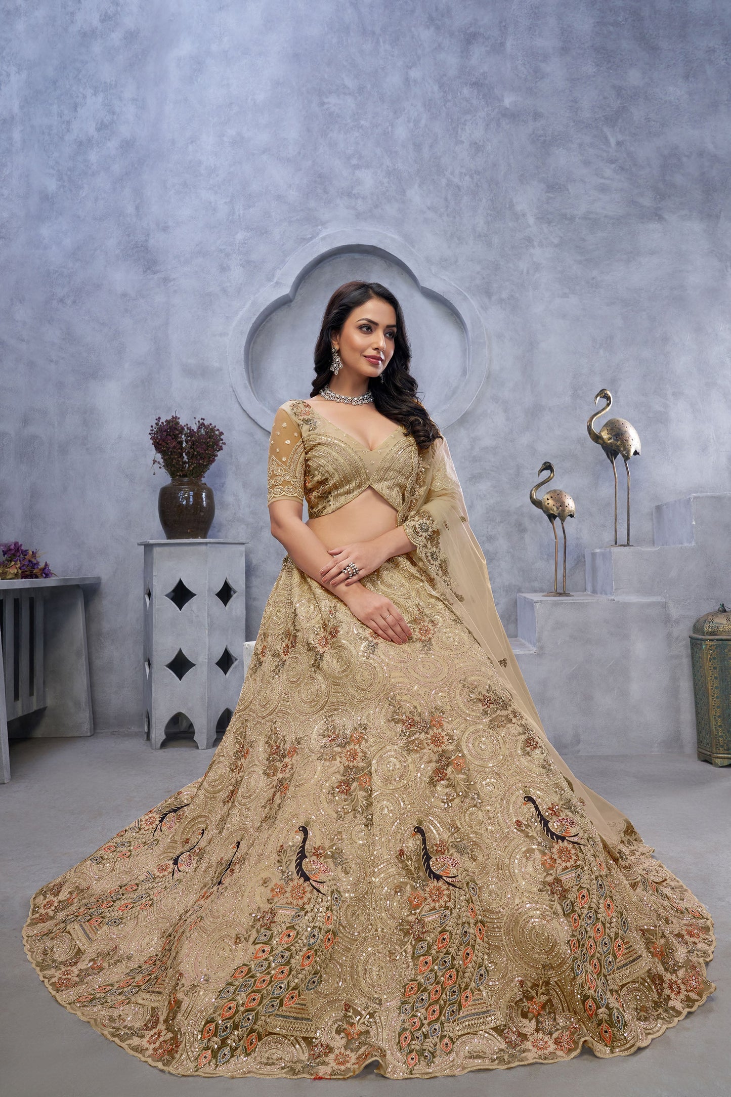 Golden Net Peacock & Bagh Sequins Embroidery Wedding Lehenga