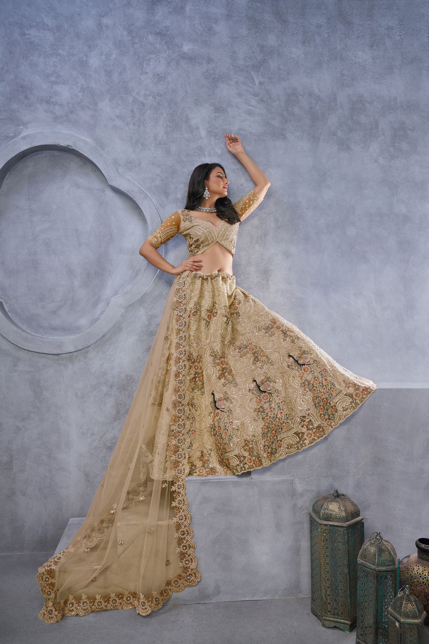 Golden Net Peacock & Bagh Sequins Embroidery Wedding Lehenga