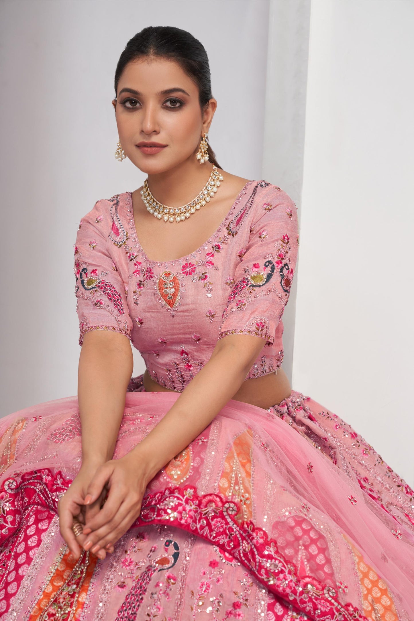 Pink Peacock and Paisley Motifs Banarasi Sangeet Lehenga