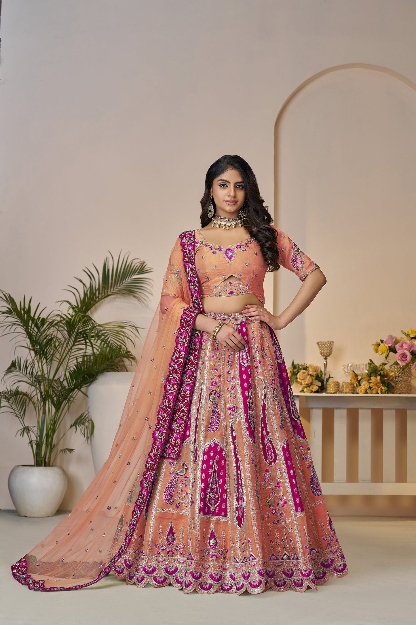 Orange Bel Butti Pattern Silk Engagement Lehenga Choli