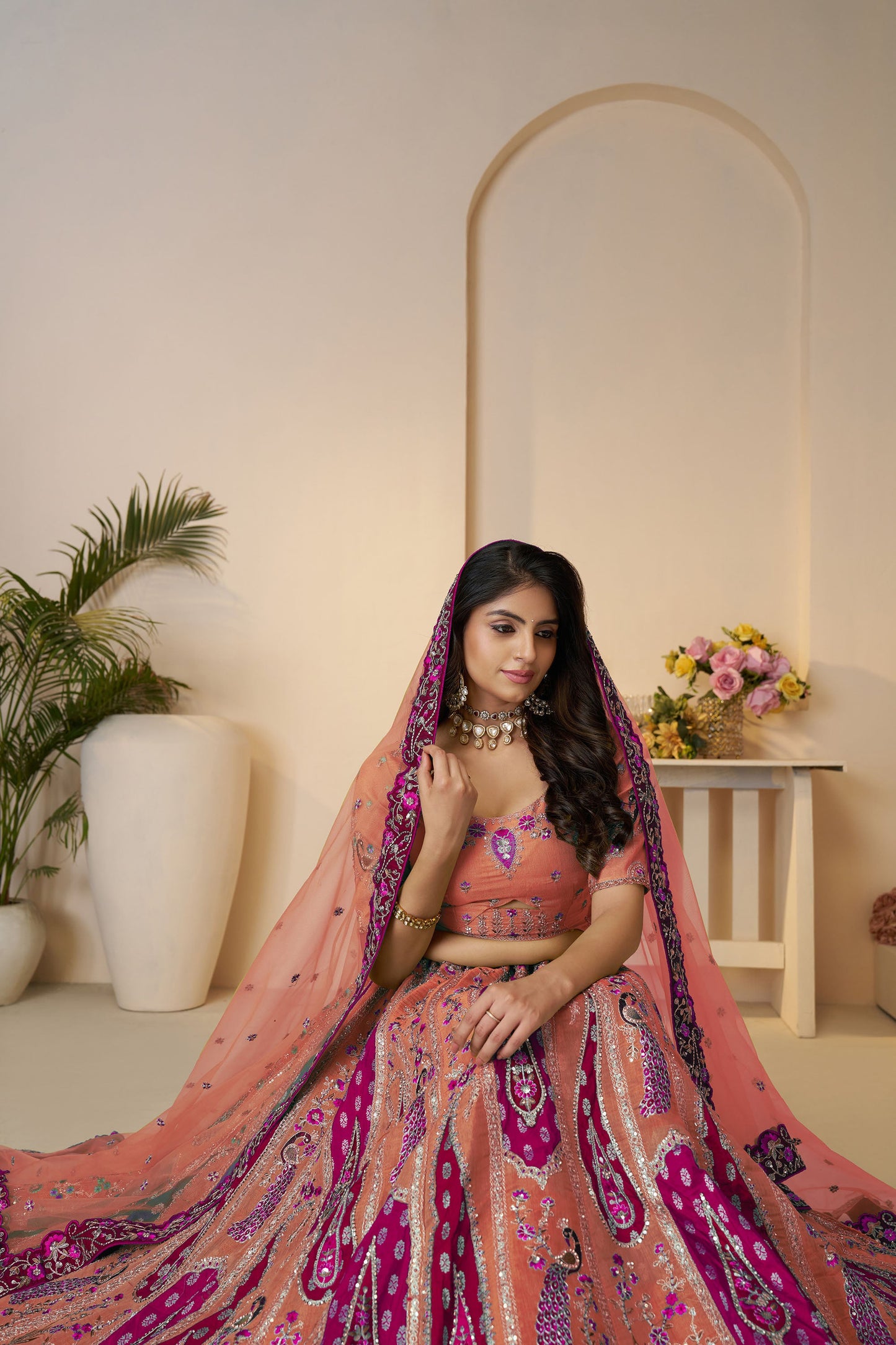 Orange Bel Butti Pattern Silk Engagement Lehenga Choli