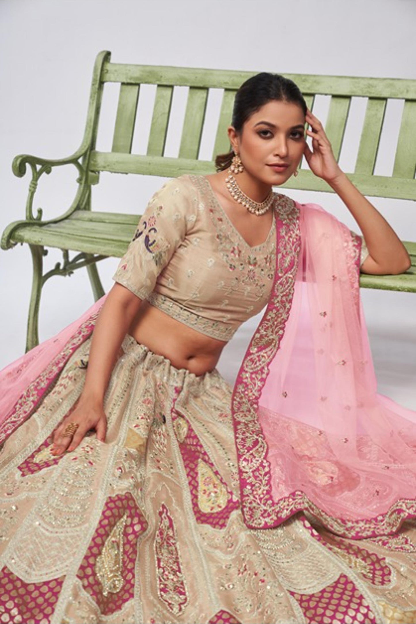 Ivory Silk Heavy Sequins & Motifs Embroidered Sangeet Lehenga