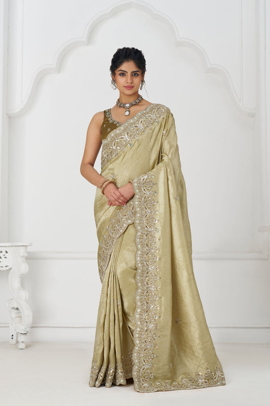 Olive Green Dola Viscose Silk Sequins And Beads Embroidery Festival Saree