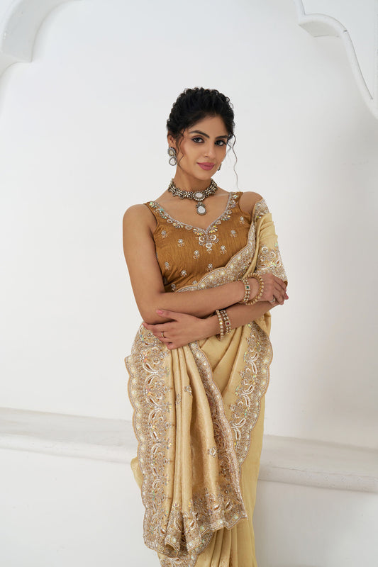 Golden Dola Viscose Silk Sequins And Beads Embroidery Festival Saree