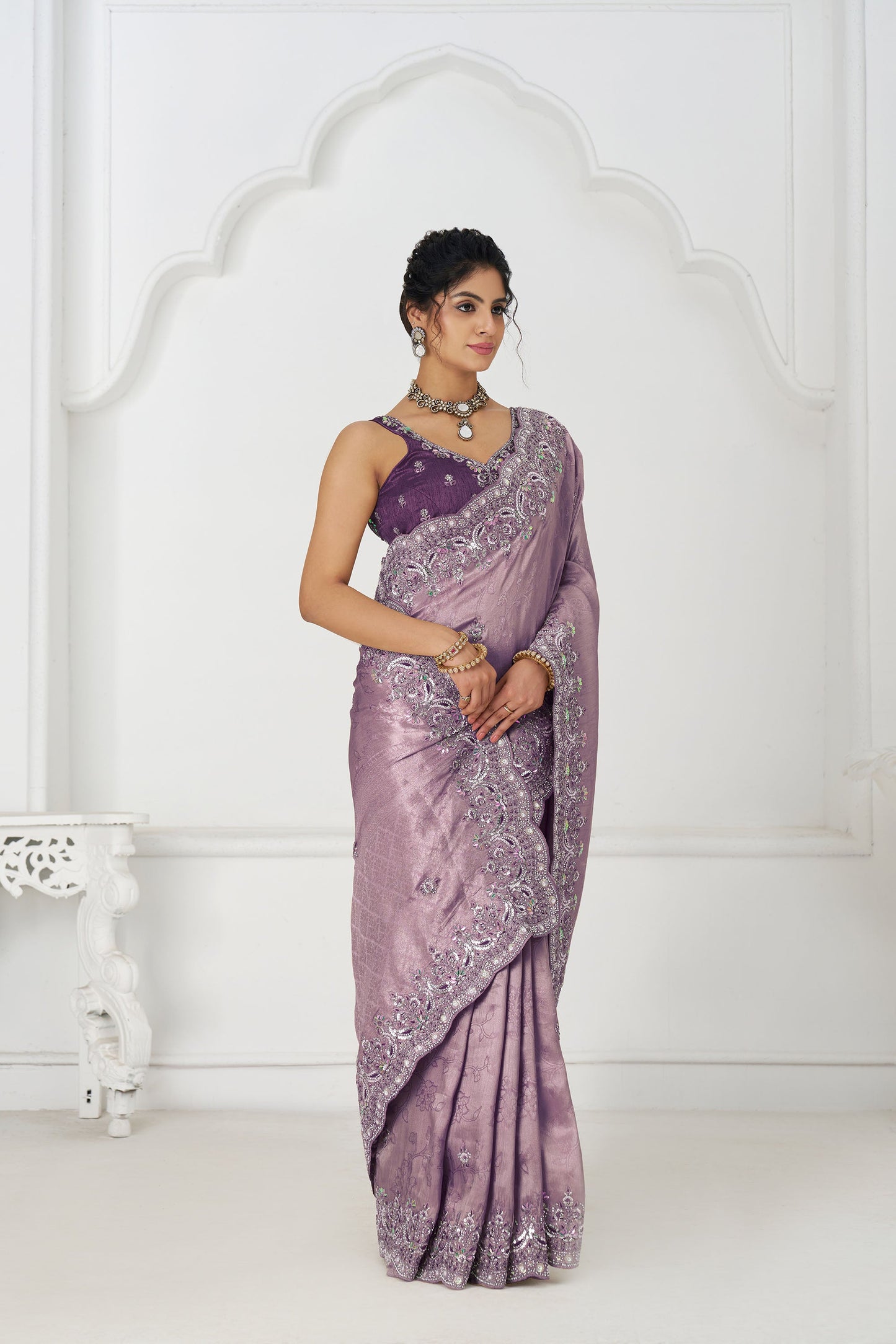 Mauve Dola Viscose Silk Sequins And Beads Embroidery Festival Saree