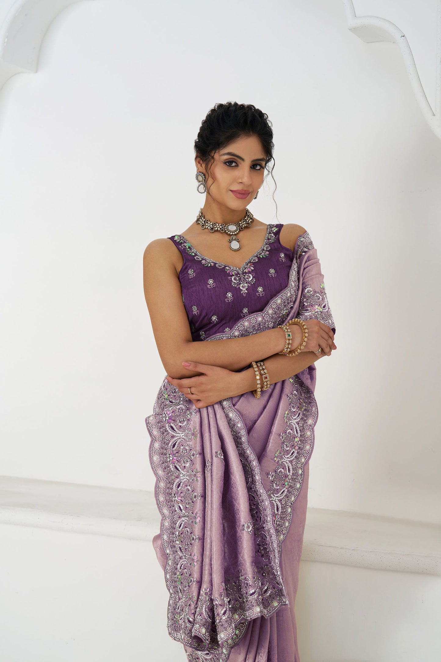 Mauve Dola Viscose Silk Sequins And Beads Embroidery Festival Saree