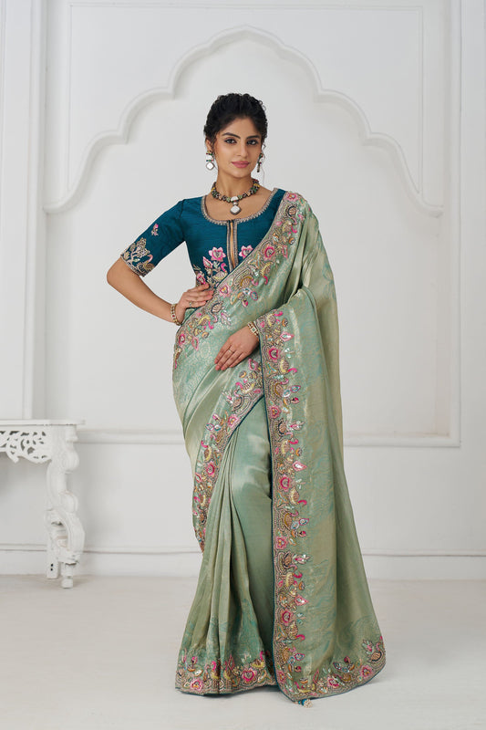 Green Dola Viscose Silk Multi-thread Embroidery Reception Saree
