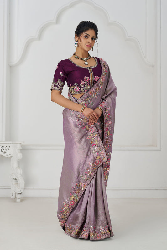 Mauve Color Reception Saree With Multi-thread And Sequins Embroidery