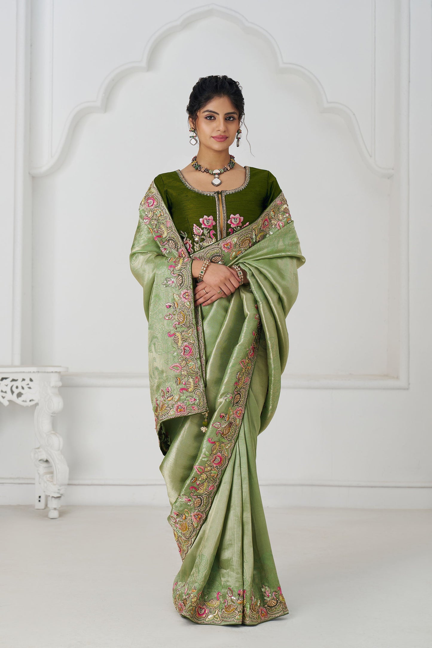 Mehendi Green Wedding Saree With Multi-thread And Sequins Embroidery