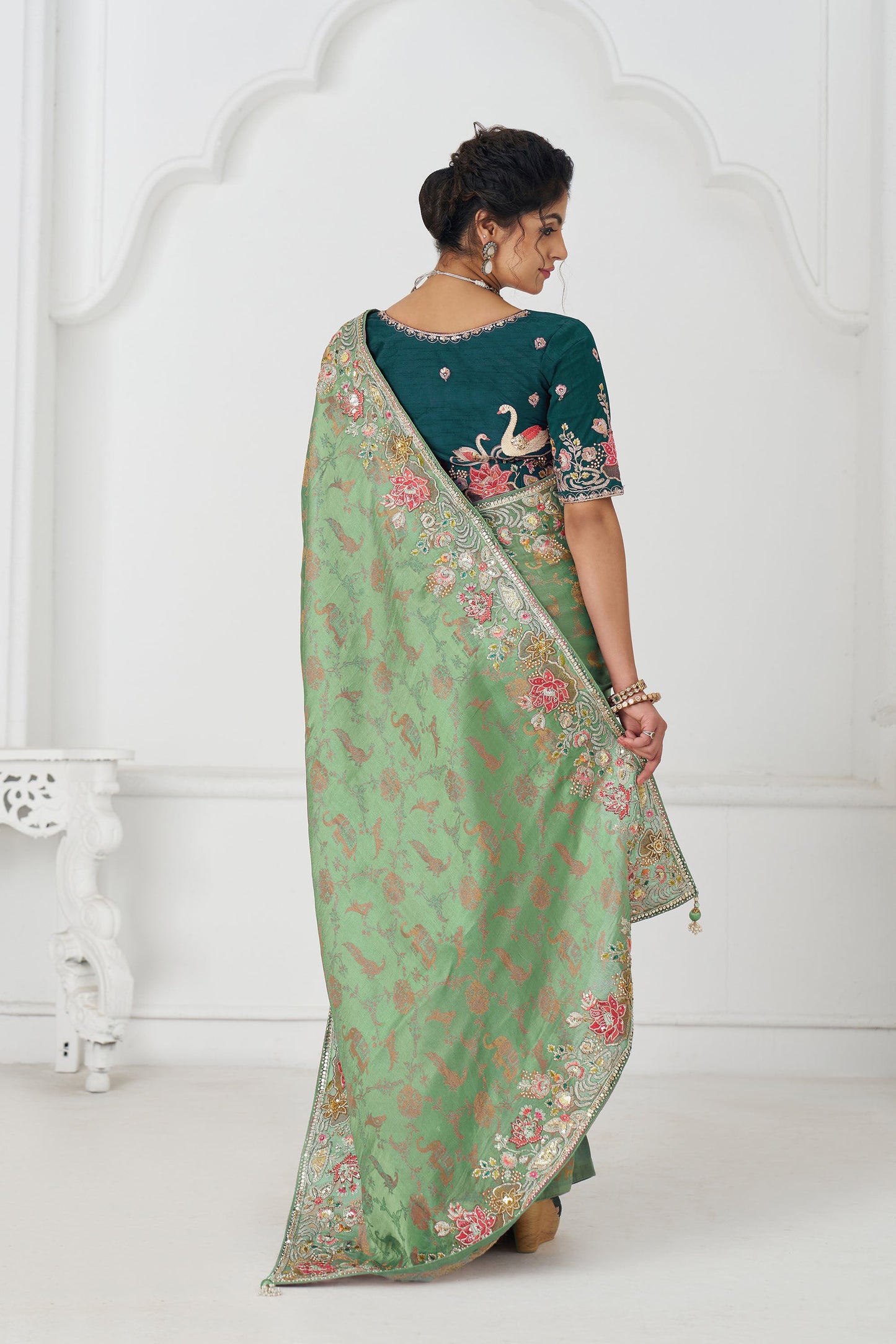 Green Dola Viscose Silk Multi-thread Embroidered Saree With Floral Embroidery
