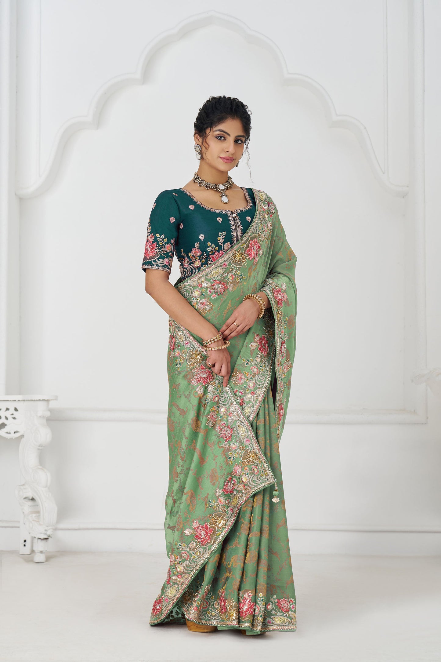Green Dola Viscose Silk Multi-thread Embroidered Saree With Floral Embroidery