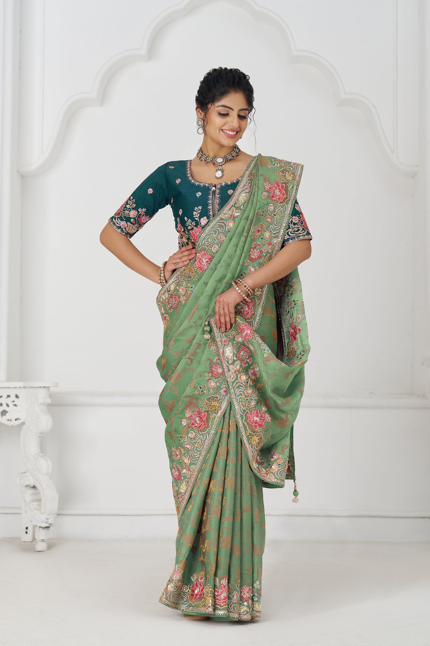 Green Dola Viscose Silk Multi-thread Embroidered Saree With Floral Embroidery