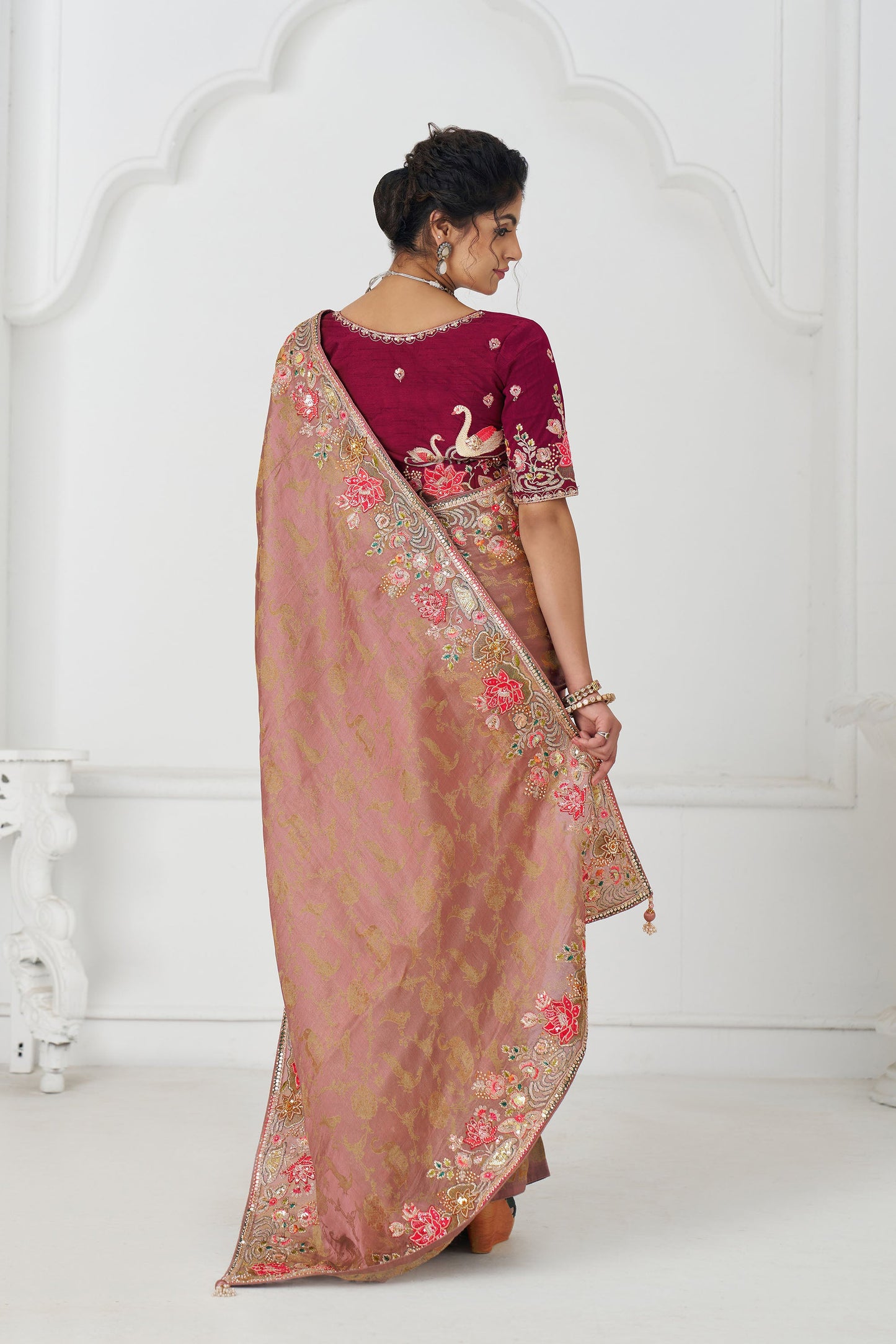 Peach Dola Viscose Silk Floral Work Festive Saree