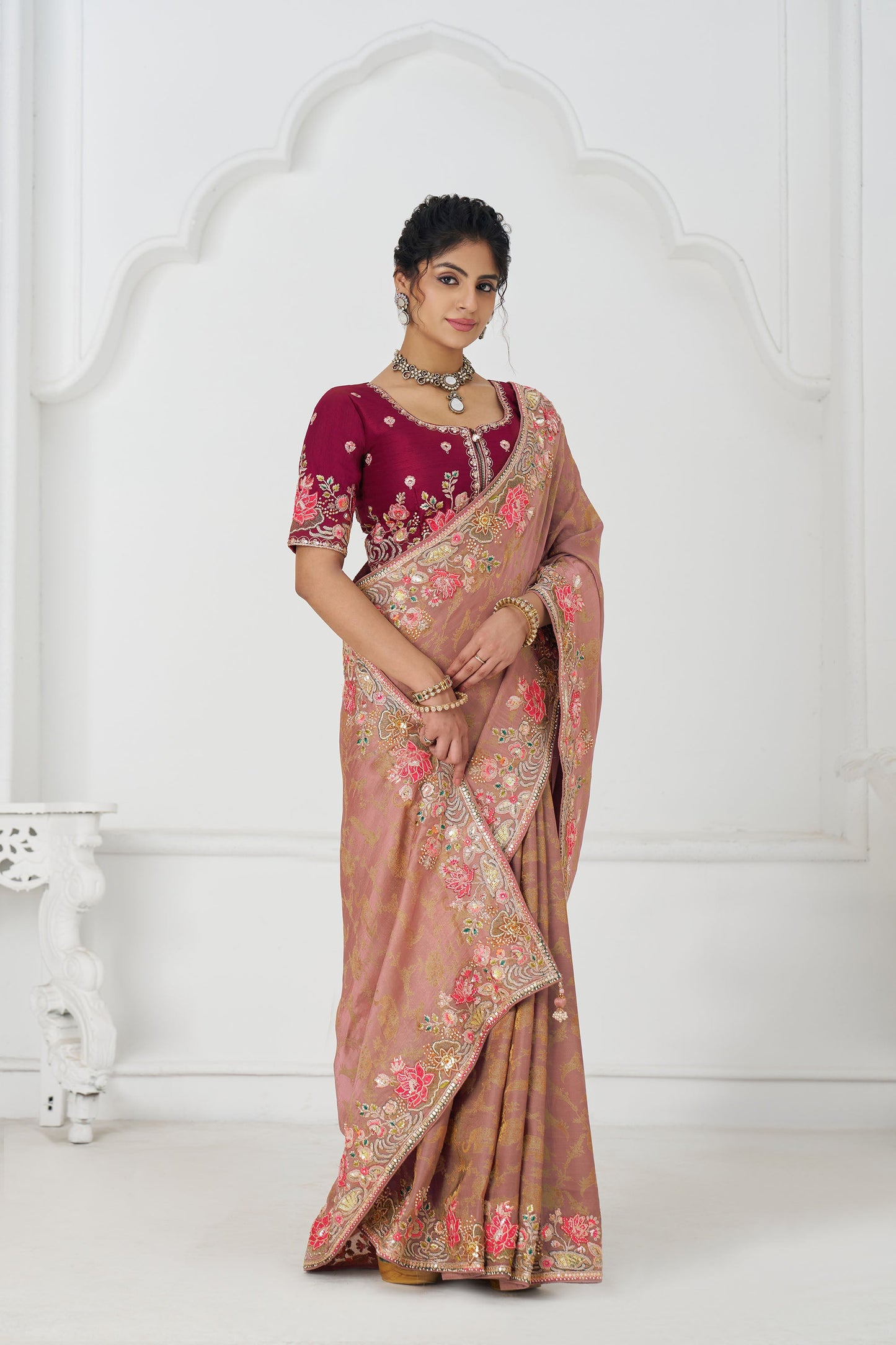 Peach Dola Viscose Silk Floral Work Festive Saree